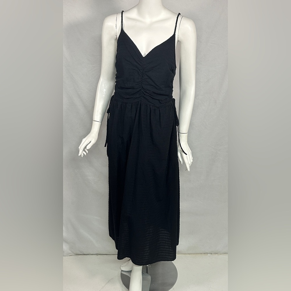 Nation LTD Black Rooshed Cotton/Linen Dress with side slit and pockets Size M - Picture 4 of 15
